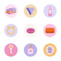 söt och rolig runda slingor för social media, bloggar, företag, branding med spa, hygien och bada illustrationer. omslag ikoner för berättelser med kosmetisk Produkter, tvättning objekt ClipArt. vektor