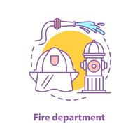 brandkår koncept ikon. brandbekämpning idé tunn linje illustration. brandhjälm, slang, brandpost. vektor isolerade konturritning