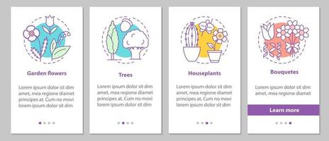 växter onboarding mobil app sidskärm med linjära koncept. trädgårdsblommor, träd, krukväxter, buketter steg grafiska instruktioner. ux, ui, gui vektormall med illustrationer vektor