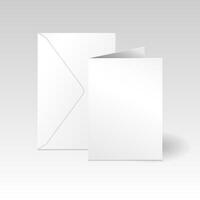 Weiß Vertikale Gruß Karte und Briefumschlag Attrappe, Lehrmodell, Simulation Vorlage. isoliert auf Licht Gradient grau Hintergrund mit Schatten. vektor