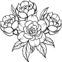 pion blomma översikt illustration färg bok sida design, pion blomma svart och vit linje konst teckning färg bok sidor för barn och vuxna vektor