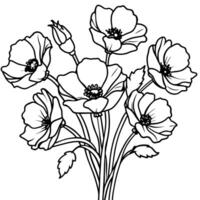 Mohn Blume Gliederung Illustration Färbung Buch Seite Design, Mohn Blume schwarz und Weiß Linie Kunst Zeichnung Färbung Buch Seiten zum Kinder und Erwachsene vektor