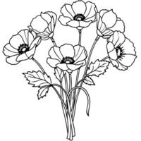 vallmo blomma översikt illustration färg bok sida design, vallmo blomma svart och vit linje konst teckning färg bok sidor för barn och vuxna vektor