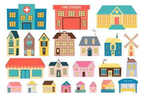 uppsättning av platt stil hus annorlunda former och storlekar. platt hus och stad byggnader uppsättning vektor