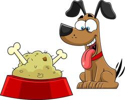 glücklich Hund Karikatur Charakter mit Schüssel Essen und Knochen vektor