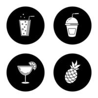 uppfriskande drycker ikoner set. lemonad, cocktails, ananas. vektor vita silhuetter illustrationer i svarta cirklar