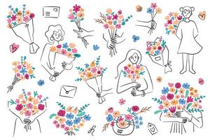 blomma buketter samling, illustrationer av kvinnor med blommor, flicka med närvarande för mödrar dag, kärlek och skönhet begrepp, blommig ikoner för hälsning kort och affischer, händer innehav blommor vektor