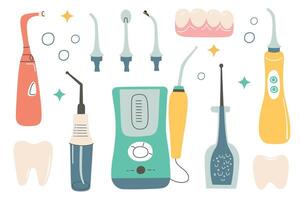 Oral Bewässerungsgeräte Satz, Karikatur Wasser Jet Sammlung, Symbole von tragbar Wasser Zahnseide zum Zähne Reinigung, Illustration von Dental Hygiene, Mund Gesundheit Pflege, kieferorthopädisch Gerät zum Zahnseide Hosenträger vektor