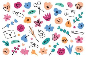 blommig dekorativ element uppsättning, hand dragen ikoner av ro och tulpaner, blommor doodles, illustrationer av färgrik och översikt orkidéer, grön löv och hjärtan, abstrakt botanisk teckning vektor