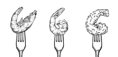 Gabel mit Garnele Essen schließen oben Hand gezeichnet Illustration einstellen Design vektor