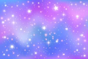 lila Einhorn Hintergrund. Pastell- Aquarell Himmel mit funkeln Sterne. Fantasie Galaxis mit holographisch Textur. Magie Marmor Raum. vektor