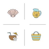 Sommer Farbsymbole gesetzt. Muschel, Limonadenkrug, Strandtasche und Cocktail. isolierte vektorillustrationen vektor