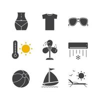 sommar glyf ikoner set. semester siluett symboler. kvinnokropp, t-shirt, solglasögon, sommarvärme, fläkt, luftkonditionering, badboll, solsäng, segelbåt. vektor isolerade illustration