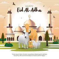 Lycklig eid al Adha med djur och en moské vektor