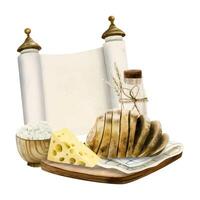 Aquarell Shavuot Gruß Karte Vorlage mit traditionell Symbole Essen, leer Tora scrollen, Käse, brot, Milch. Weizen vektor