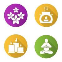 Spa-Salon flaches Design lange Schatten Icons Set. Aromatherapie-Kerzen, Yoga-Kurs, Plumeria-Blumen. Vektor-Silhouette-Abbildung vektor