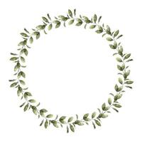 vattenfärg runda botanisk krans tillverkad av skön ljus grön runda löv. isolerat hand dragen illustration för kort, klistermärken, textilier, design, inbjudningar, logotyper, dekorationer. vektor