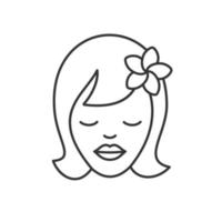 Mädchen mit linearem Symbol der Plumeria-Blume. dünne Linie Abbildung. Aromatherapie-Kontursymbol. Vektor isolierte Umrisszeichnung