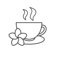 Kräuterteetasse lineares Symbol. dünne Linie Abbildung. Teetasse mit Plumeria-Blumen-Kontursymbol. Vektor isolierte Umrisszeichnung