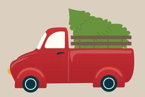 jul röd retro lastbil med jul träd på beige bakgrund. årgång plocka upp lastbil med gran träd, illustration. söt trendig tecken av vinter- tid Bra för kort, affisch, webb baner och logotyp vektor