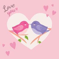 kärlek du - valentine s dag kort med fåglar och text. hand dragen illustration i platt stil. vykort för högtider och bröllop. vektor