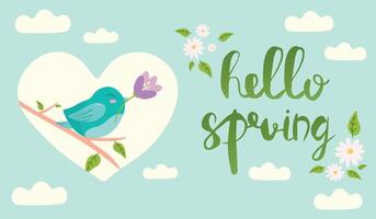 Hallo Frühling Hand gezeichnet Illustration. Jahreszeit Beschriftung mit Vogel halten und ein Blume. Poster im eben Stil. vektor