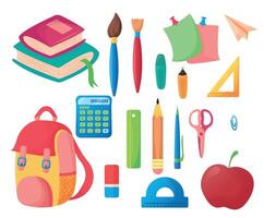 Schule liefert einstellen - - Bücher, Rucksack, Taschenrechner, Bürsten, Herrscher, Radiergummi, Stift, Bleistift, Markierungen, Anmerkungen, Schere, Apfel, Papier Clip. Elemente isoliert auf Weiß Hintergrund. Illustration. vektor