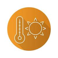 Sommerhitze flache lineare lange Schattensymbol. aufgehende Sonne mit Thermometer. Sommerwetter. Vektorliniensymbol vektor