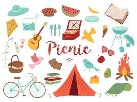 Sommer- Picknick einstellen Illustrationen. köstlich Snacks. frisch Gemüse und Früchte. Ausrüstung und Pakete mit Lebensmittelgeschäft zum Picknick. Essen und Getränke Illustration vektor