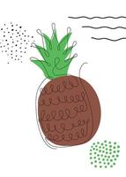 kontinuerlig ett linje teckning ananas. illustration. svart linje konst på vit bakgrund med färgrik fläckar och element. affisch i minimalism begrepp vektor