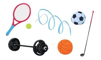 sport Utrustning. ikoner uppsättning av sport lager med bollar för basketboll, fotboll spel och tennis, golf klubb, band, racket, hantel. kondition Gym verktyg. team spel. illustration i platt stil. vektor