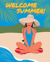 schön Mädchen im Hut entspannend auf das Strand. Sommer- Urlaub. Strand, Palme. Banner, Poster, Karte. Illustration. vektor