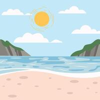 tropisk landskap av kust skön hav Strand strand på Bra solig dag. illustration i platt stil för affisch, fest Semester inbjudan, festlig baner, kort. vektor