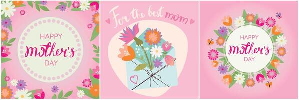 Lycklig mors dag. hälsning kort uppsättning med skön blommor och hjärtan på rosa bakgrund. baner eller affisch design mall för mammas Semester vektor
