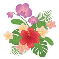 bukett med tropisk blommor. hawaiian stil blommig arrangemang, med skön hibiskus, handflatan, plumeria, monstera, orkide. illustration, årgång stil. redigerbar grafisk element. vektor