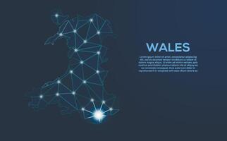 Wales Kommunikation Netzwerk Karte. niedrig poly Bild von ein global Karte mit Beleuchtung im das bilden von Städte. Karte im das bilden von ein Konstellation, stumm und Sterne vektor