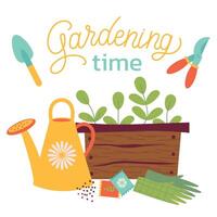 Gartenarbeit Zeit. Garten Werkzeug, Bewässerung dürfen, Pflanzen, Gemüse, Blumen, Samen, Handschuhe. Frühling Gartenarbeit Konzept. Illustration auf Weiß Hintergrund zum Poster, Symbol, Karte, Logo, Etikette vektor