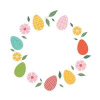 glücklich Ostern Konzept, Elemente zum Poster, Gruß Karte. modisch Ostern Design mit Blumen, Eier, im Pastell- Farben auf Weiß Hintergrund. eben Illustration. vektor