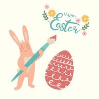 glücklich Ostern Banner, Poster, Gruß Karte. modisch Ostern Design mit Beschriftung, Blumen, Eier und glücklich Hase, im Pastell- Farben auf Beige Hintergrund. eben Illustration. vektor