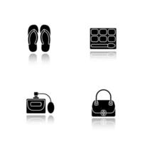 Damenaccessoires Schlagschatten schwarze Symbole gesetzt. Flip-Flops, Lidschatten, Parfüm, Handtasche. isolierte vektorillustrationen vektor