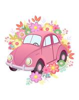rosa bil retro, vintage med blommor bakgrund vektor