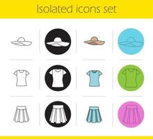kvinnors kläder ikoner set. linjära, svarta och färgstilar. strandhatt, t-shirt, kjol. isolerade vektorillustrationer vektor