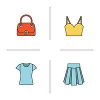 kvinnors tillbehör färg ikoner set. handväska, topp, kjol, t-shirt. isolerade vektorillustrationer vektor