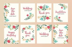 uppsättning av kort med blommor och löv. bröllop prydnad begrepp, pastell färger. dekorativ hälsning kort eller inbjudan design bakgrund vektor
