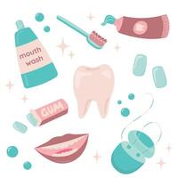 Oral und Dental Hygiene Konzept, einstellen von Illustration. Karikatur Dental Charakter. Oral Gesundheit und Dental Inspektion Zähne. vektor