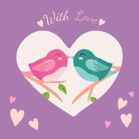med kärlek - valentine s dag kort med fåglar och text. hand dragen illustration i platt stil. vykort för högtider och bröllop. vektor