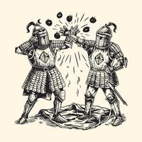 två riddare stridande och bär medeltida riddare rustning graverat linje vektor