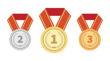 uppsättning av medaljer bunden med röd band, guld, silver- och brons medaljer vektor