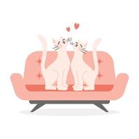 en par av söt vit kattungar i kärlek på en soffa. festlig illustration för hjärtans dag vektor