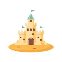 sand slott med torn och fästning vägg i platt stil på en vit bakgrund. saga slott ikon. illustration av byggnad konstruktion på sand. vektor